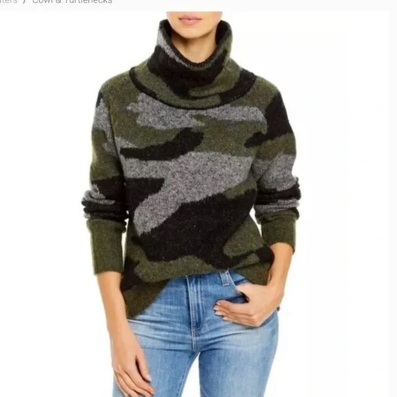 Aqua Camo Print Turtleneck Sweater S Chunky Knit Ribbed Trim Green Black Gray - Picture 1 of 11